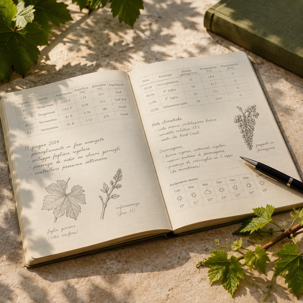 Esempio illustrativo di un diario di campagna con appunti sul vigneto